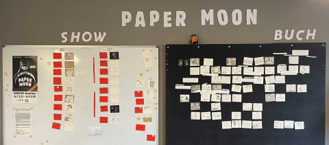 Die Storyboardwand im Atelier von Robert Nippoldt